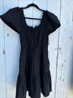 GAP Black Smocked Midi Dress with Puff Sleeves and Tie Neck